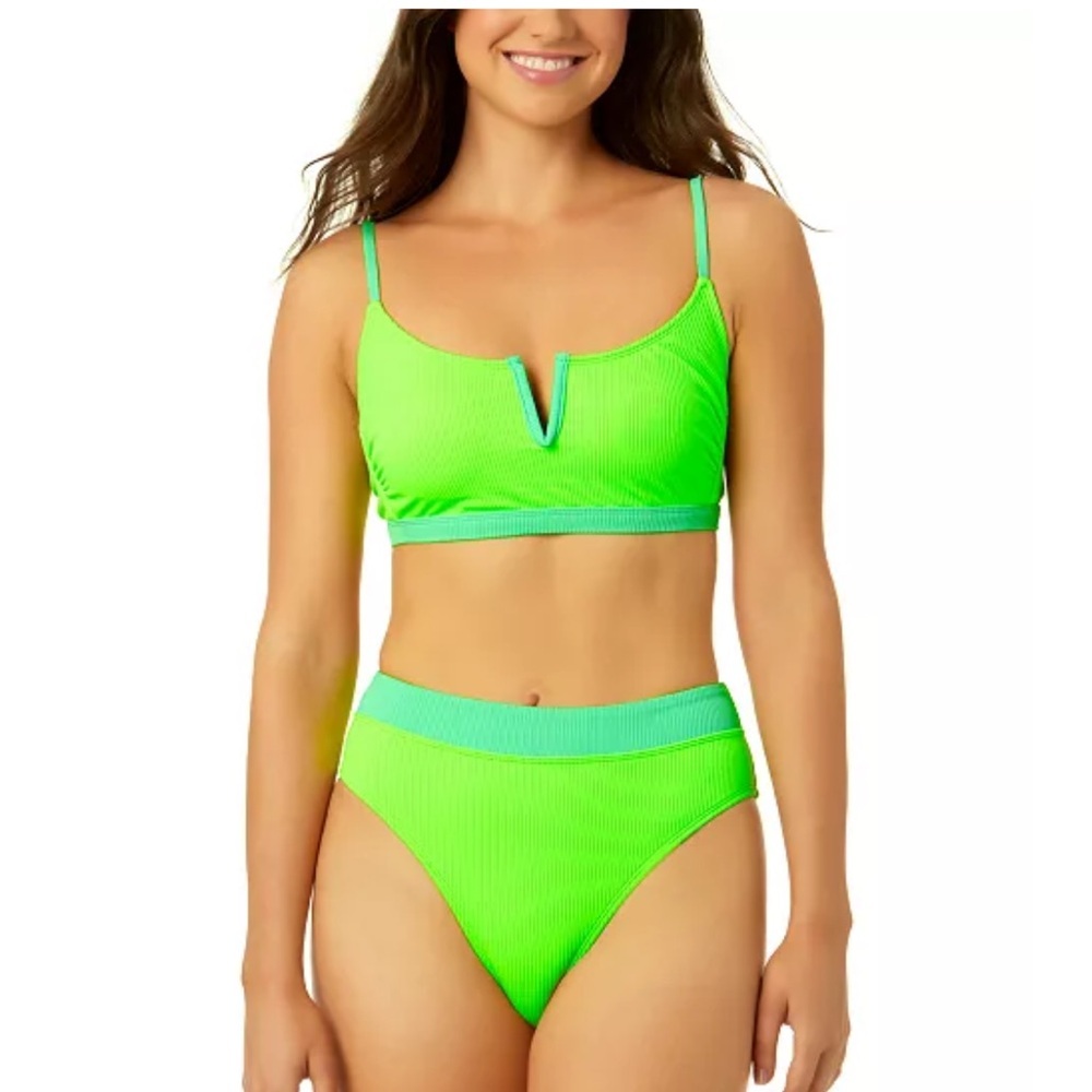 Salt + Cove Neon Green Ribbed High-Waist Bikini Set